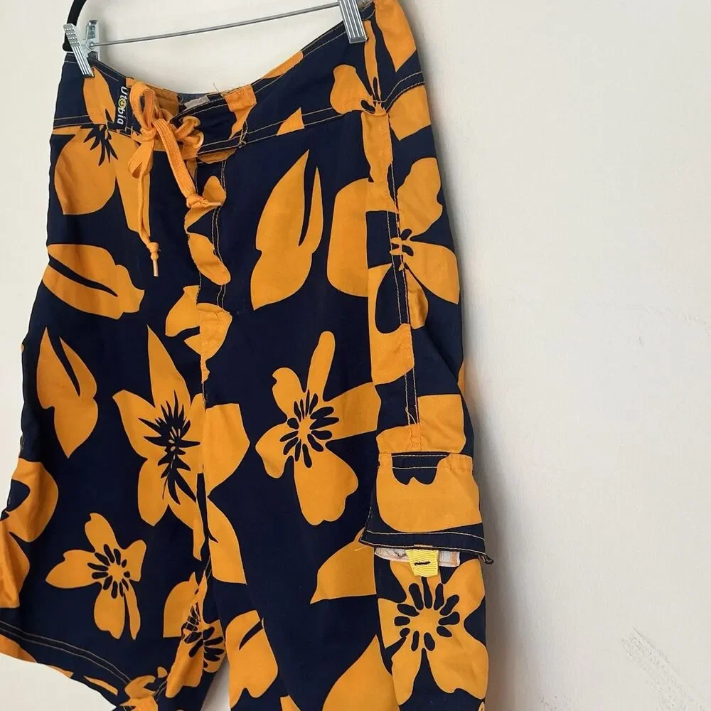 Utobia Mens Cargo Board Shorts Pockets Blue Yellow Floral L